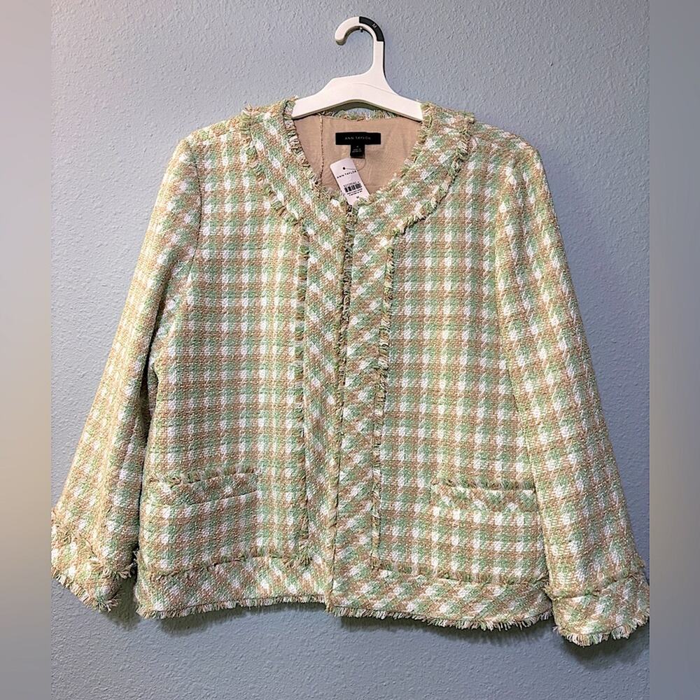 Ann Taylor NWT Mint Green, White & Tan Tweed Fringe Trim Jacket 16